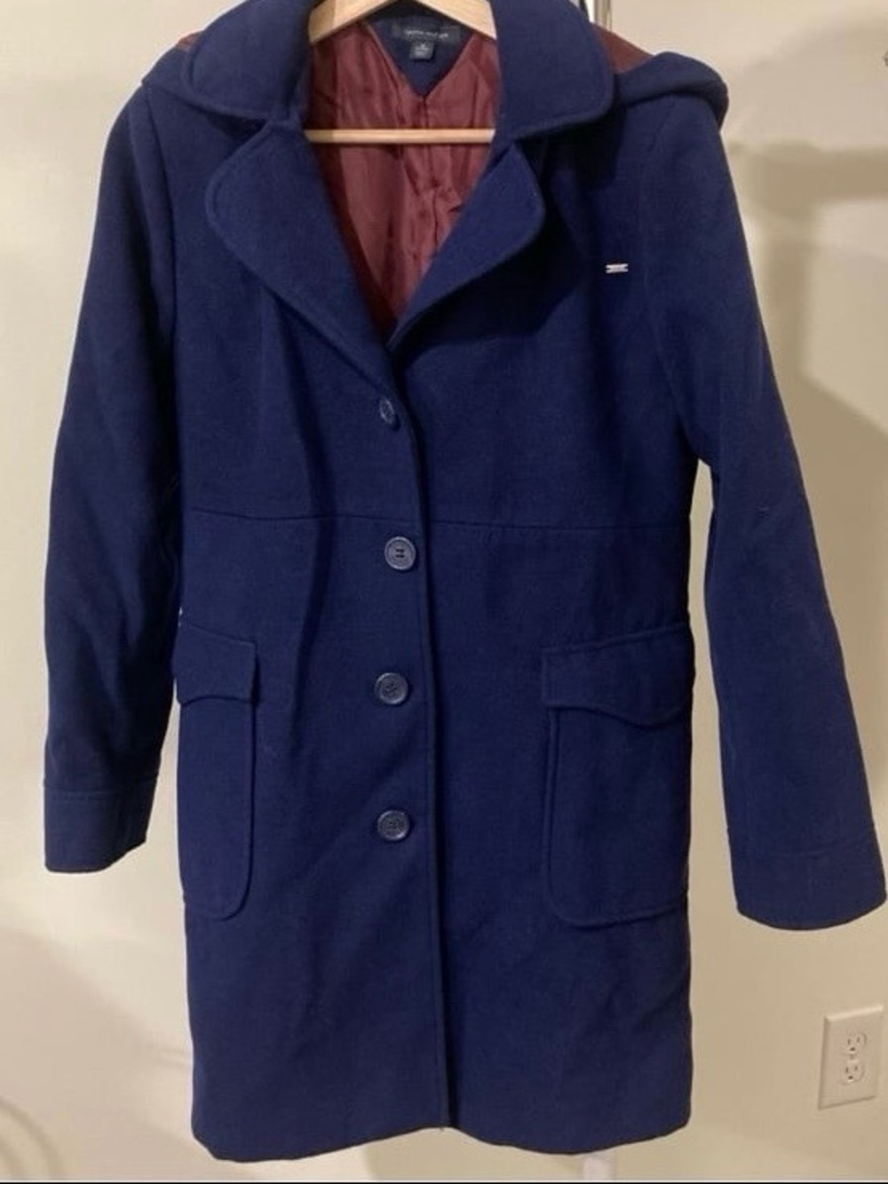 Tommy Hilfiger Purple Wool-Blend Long Pea Coat with Burgundy Lining & Hood